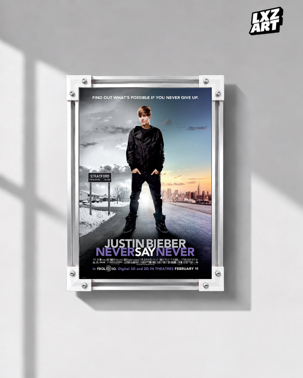 Justin Bieber Never Say Never City Road Concert Film Poster displayed in a white-corner frame on a gray wall. Frame for display only.