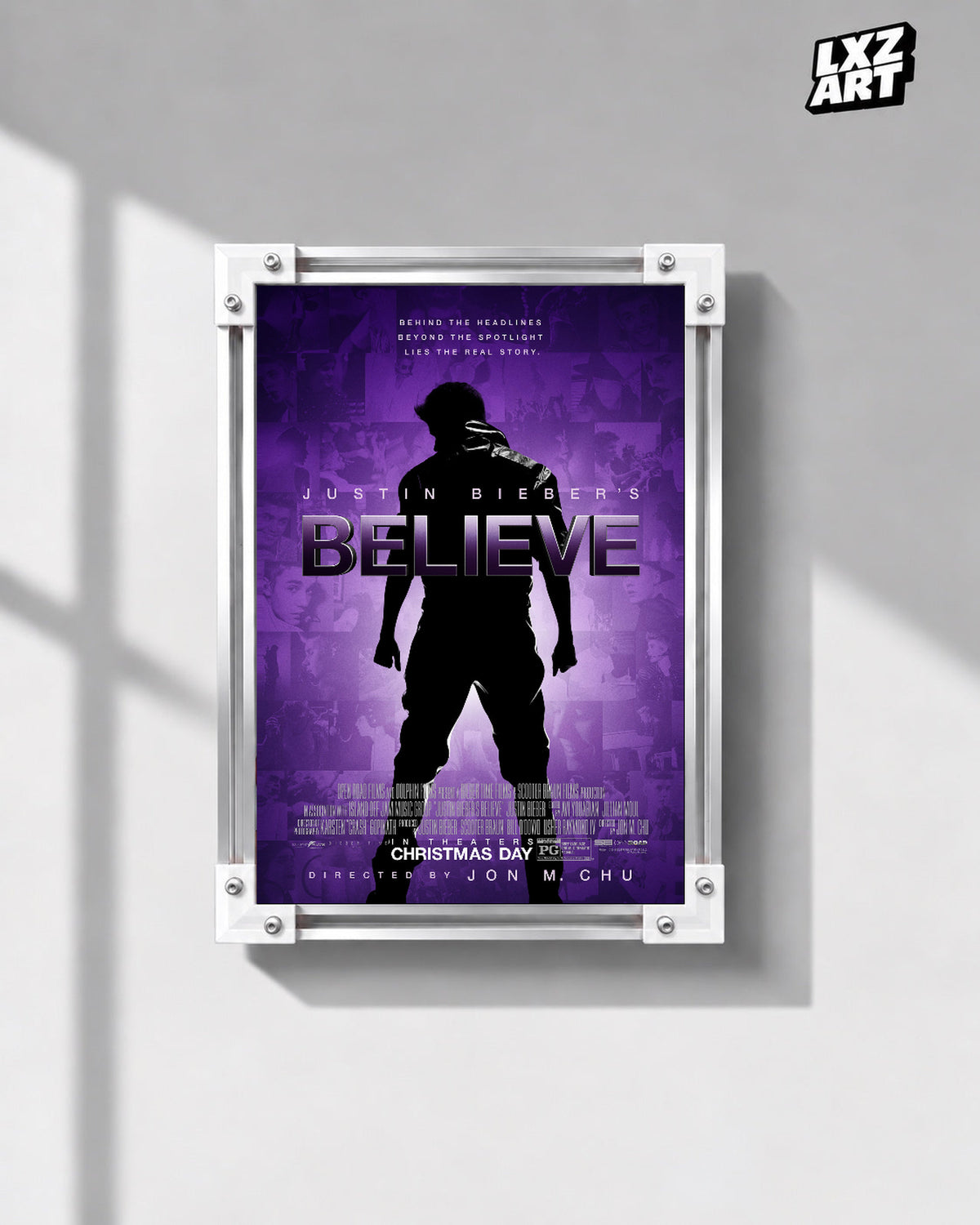 Justin Bieber Believe Purple Silhouette Concert Film Poster displayed in a white-corner frame on a gray wall. Frame for display only.