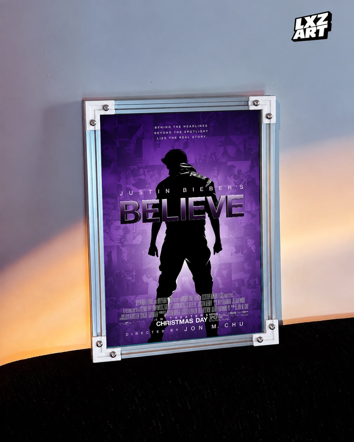 Justin Bieber Believe Purple Silhouette Concert Film Poster displayed in a white-corner frame against a warm-lit wall. Frame for display only.