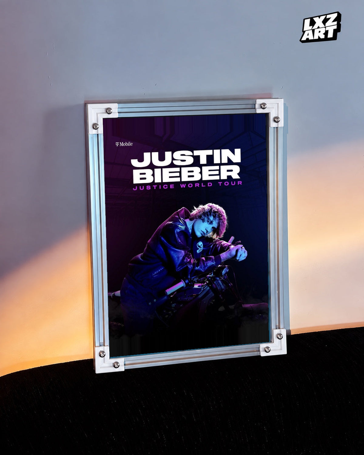 Justin Bieber Justice World Tour Blue Motorcycle Poster displayed in a white-corner frame against a warm-lit wall. Frame for display only.