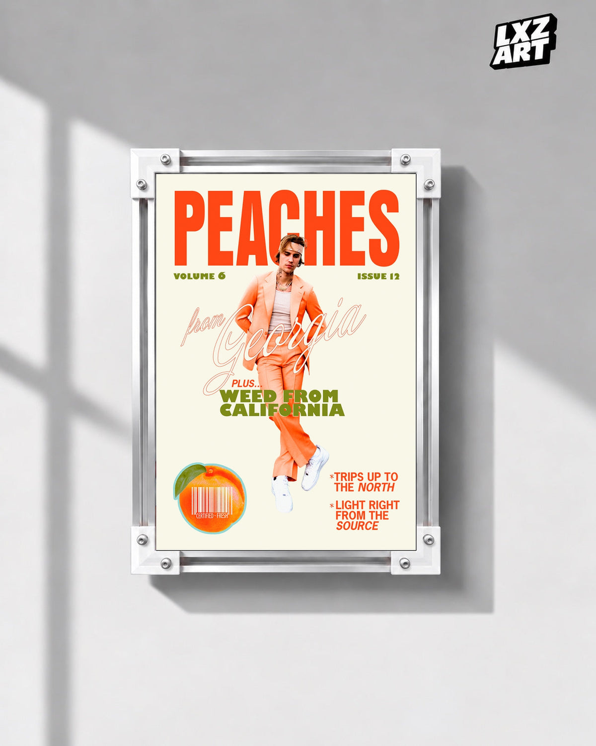 Justin Bieber Peaches Orange Portrait Poster displayed in a white-corner frame on a gray wall. Frame for display only.