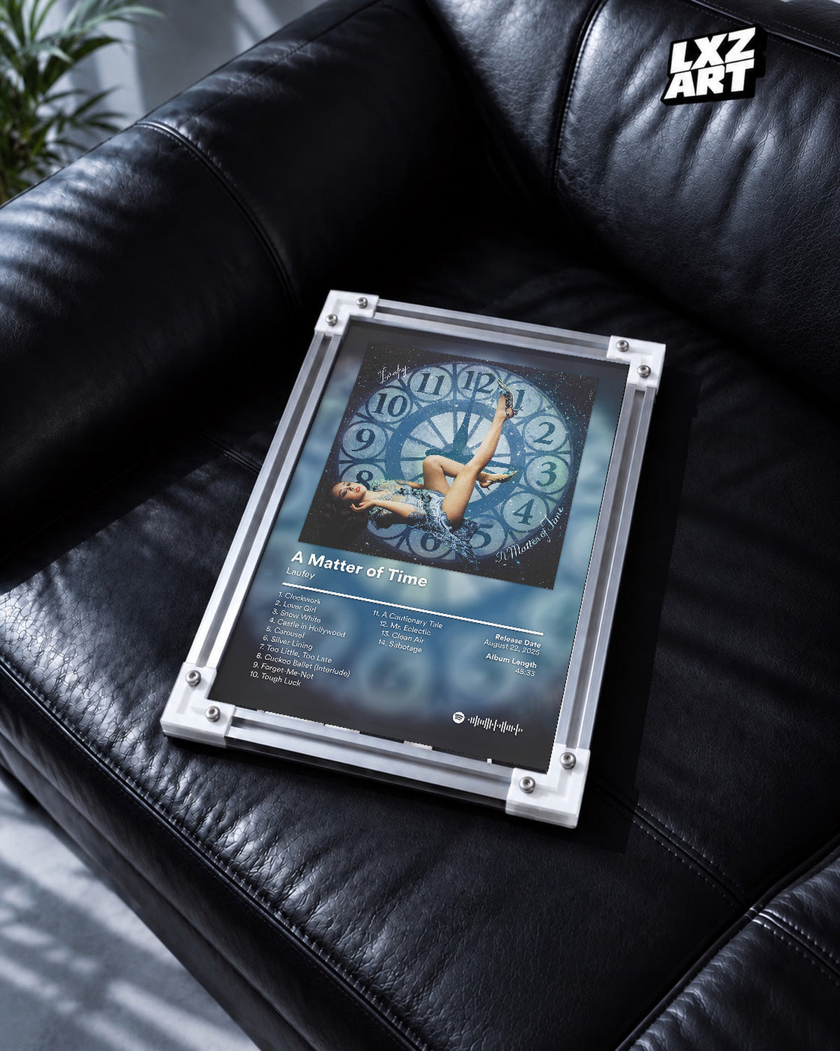 Laufey A Matter of Time Blue Clock Tracklist Poster | Unframed Music Wall Art — black leather sofa scene; frame for display only