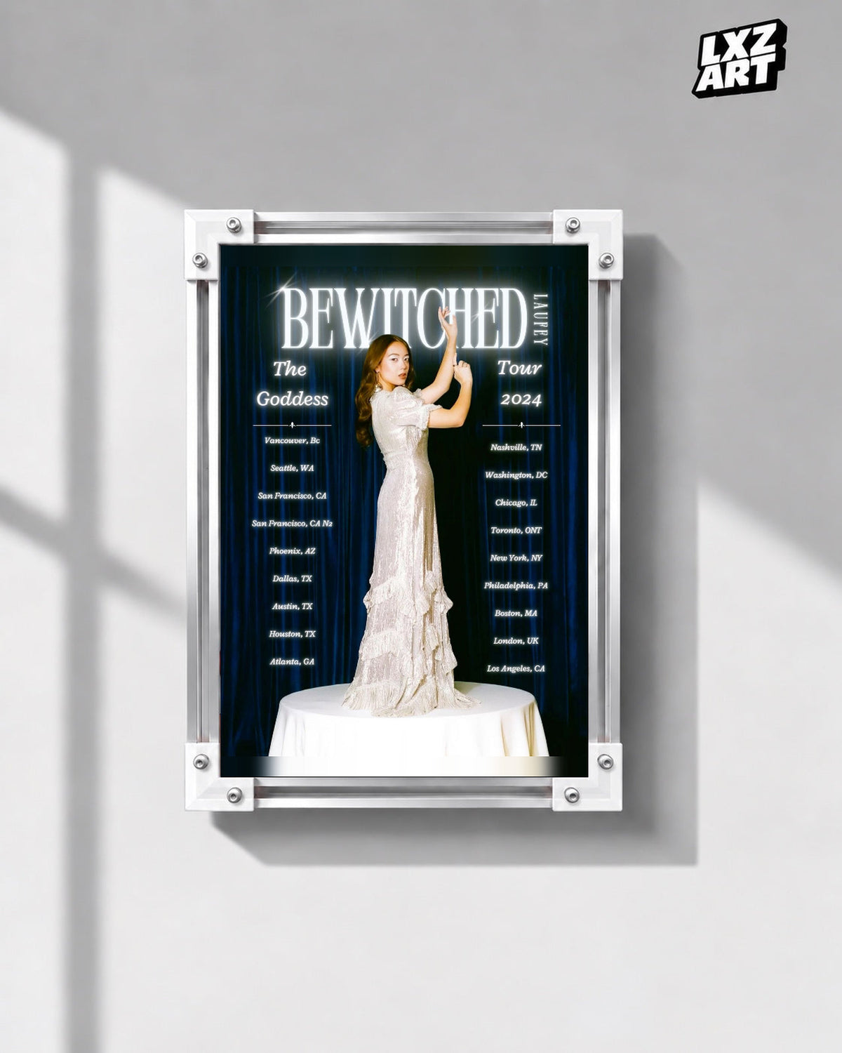 Laufey Bewitched The Goddess Tour Blue Curtain Poster | Unframed Music Wall Art — gray wall front view; frame for display only