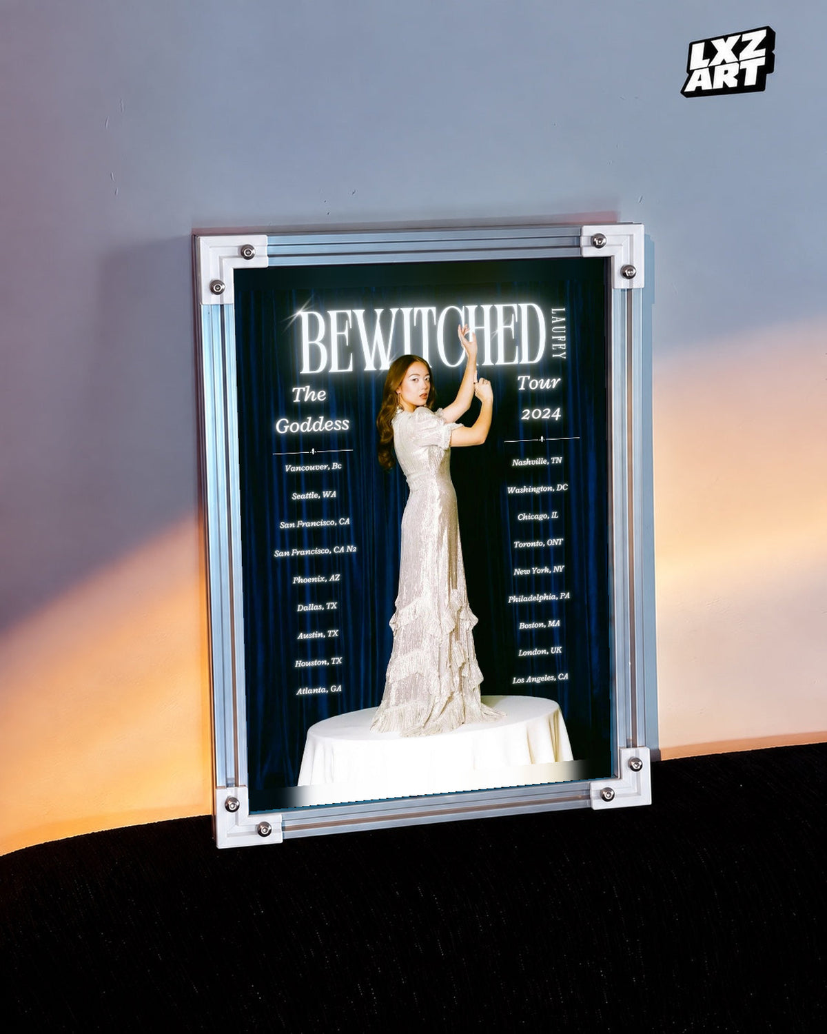 Laufey Bewitched The Goddess Tour Blue Curtain Poster | Unframed Music Wall Art — warm-light wall scene; frame for display only