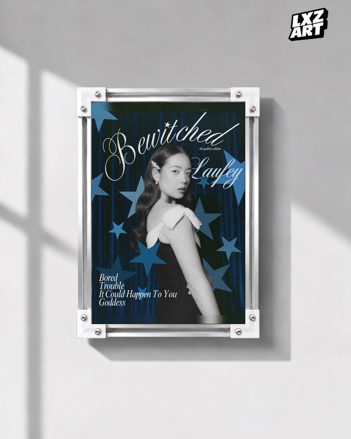 Laufey Bewitched Goddess Edition Blue Stars Portrait Poster | Unframed Music Wall Art — gray wall front view; frame for display only