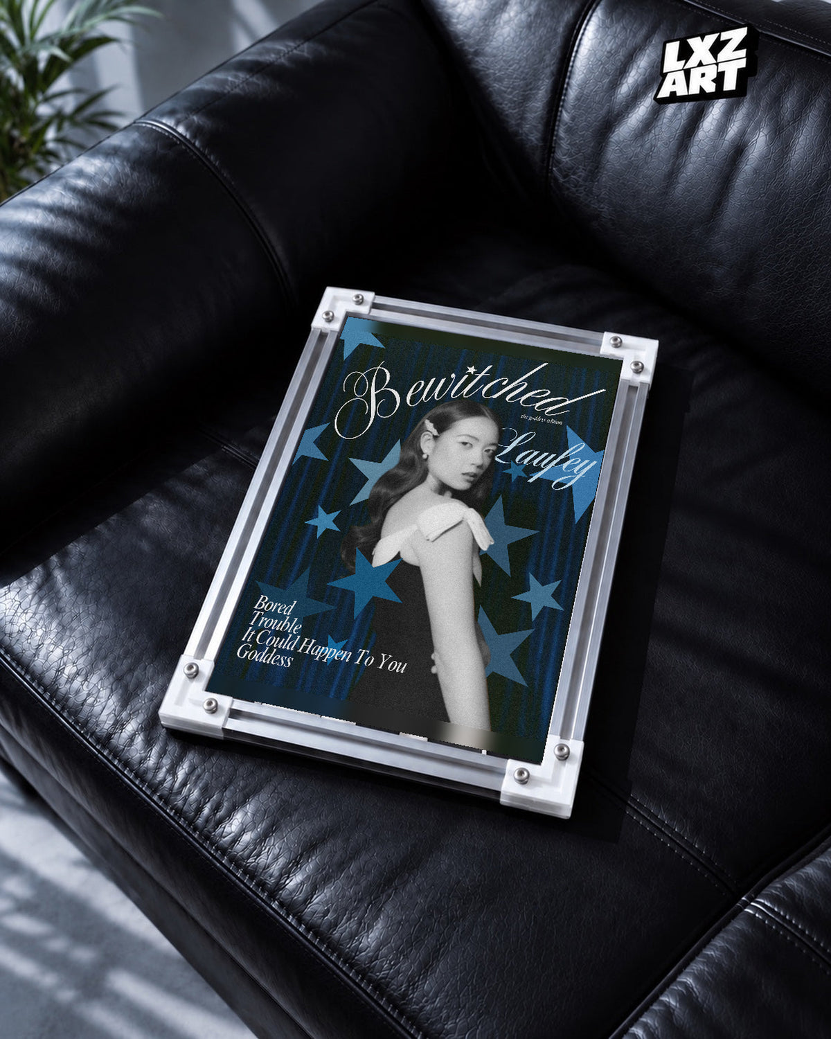 Laufey Bewitched Goddess Edition Blue Stars Portrait Poster | Unframed Music Wall Art — black leather sofa scene; frame for display only