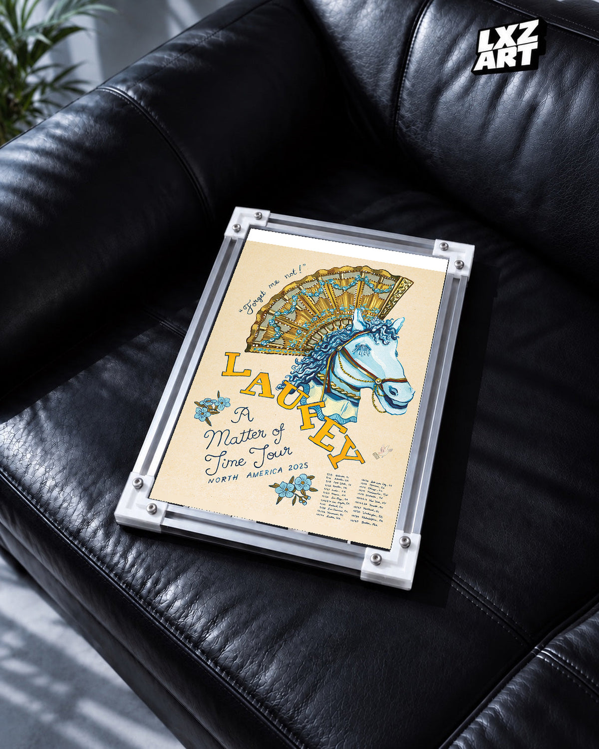 Laufey A Matter of Time North America Carousel Tour Poster | Unframed Music Wall Art — black leather sofa scene; frame for display only