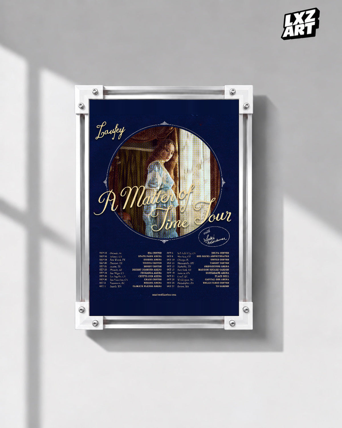 Laufey A Matter of Time Tour Navy Portrait Poster | Unframed Music Wall Art — gray wall front view; frame for display only