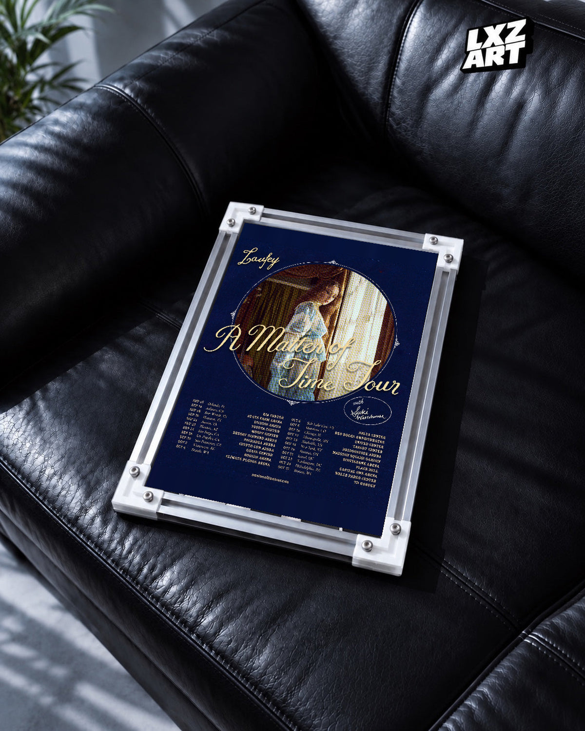 Laufey A Matter of Time Tour Navy Portrait Poster | Unframed Music Wall Art — black leather sofa scene; frame for display only