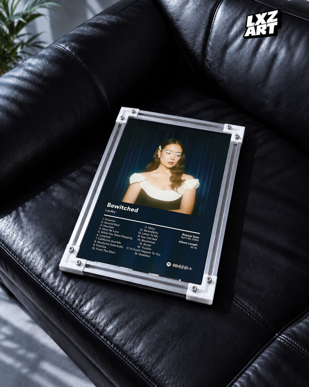 Laufey Bewitched Goddess Edition Blue Curtain Tracklist Poster | Unframed Music Wall Art — black leather sofa scene; frame for display only