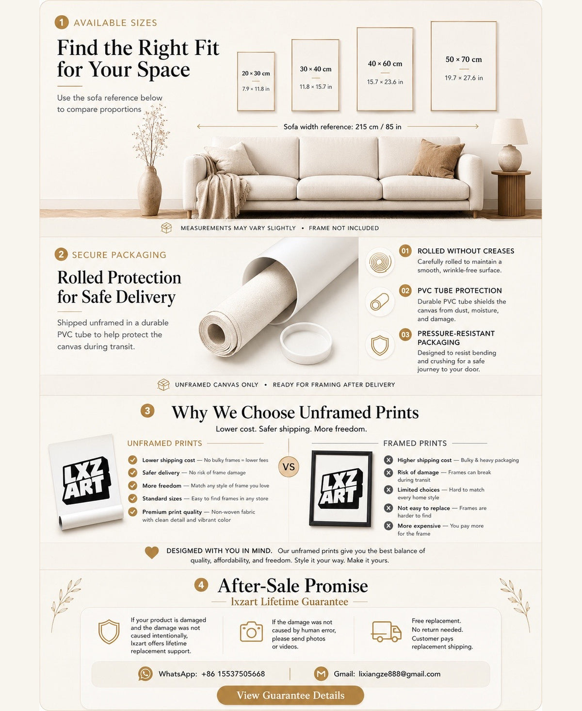LXZART size guide, secure packaging, unframed print benefits, and after-sale promise
