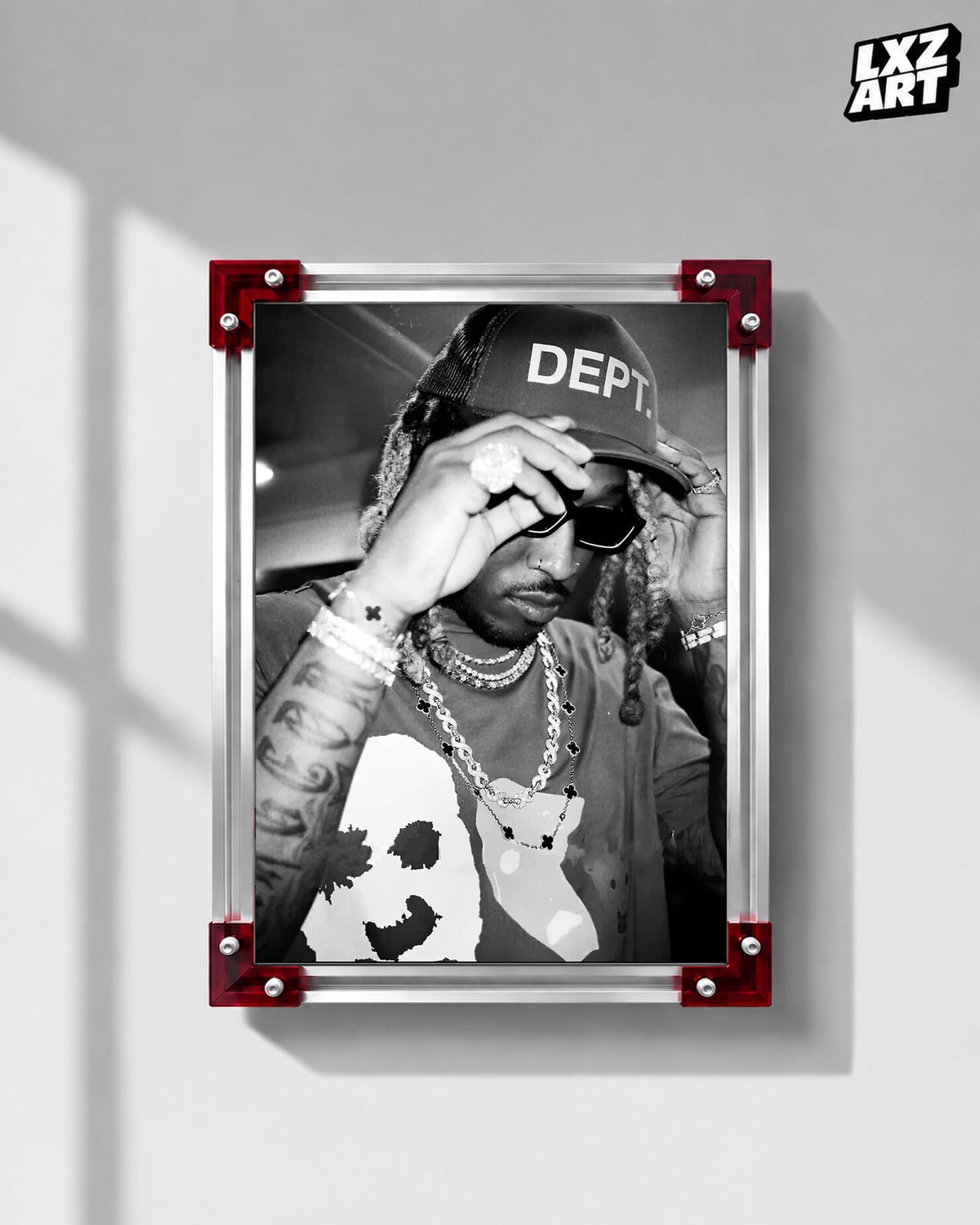 Future Black and White Cap Portrait Poster | Unframed Hip Hop Wall Art — LXZART display 1; frame not included