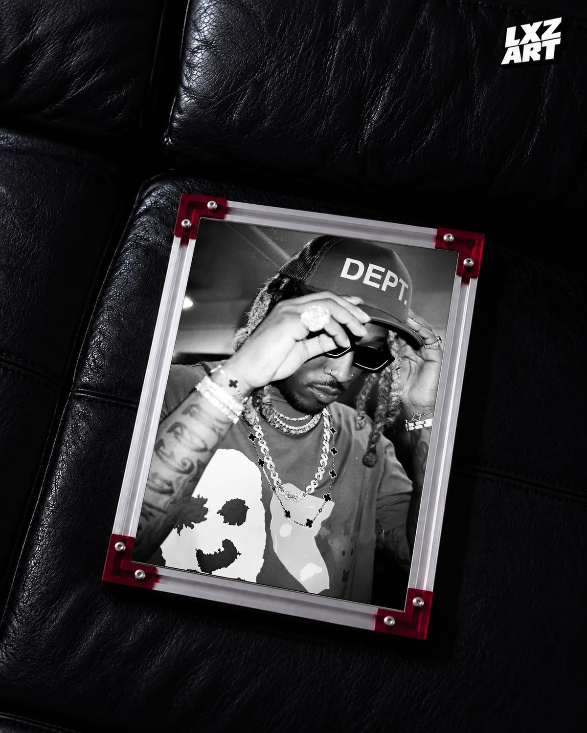 Future Black and White Cap Portrait Poster | Unframed Hip Hop Wall Art — LXZART display 2; frame not included