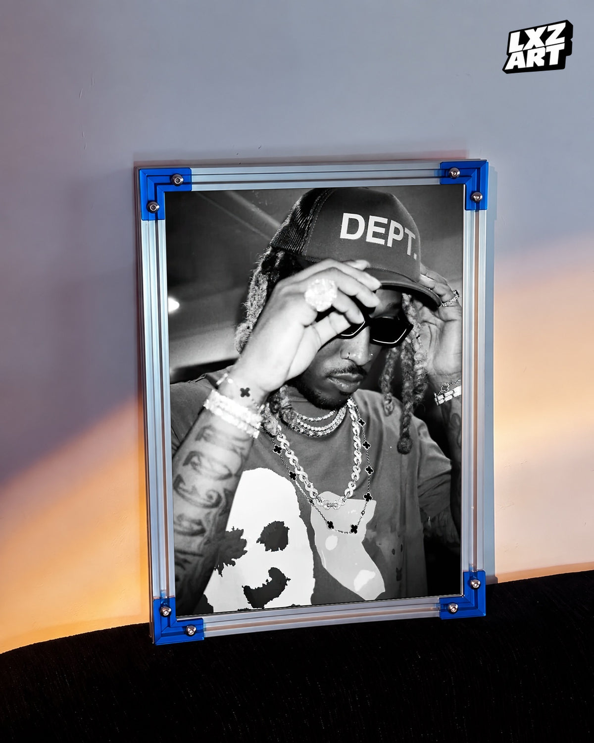 Future Black and White Cap Portrait Poster | Unframed Hip Hop Wall Art — LXZART display 3; frame not included