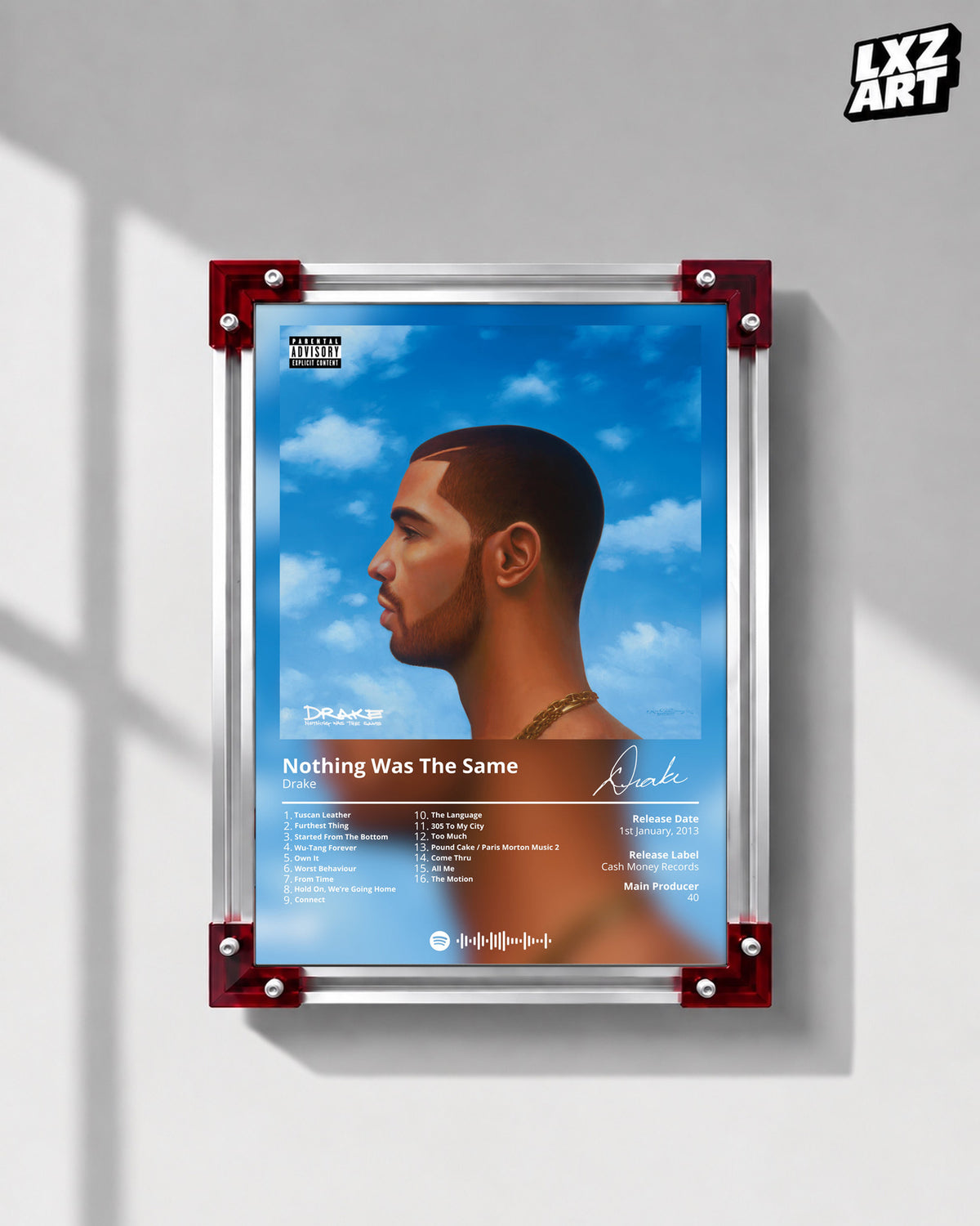 Drake Nothing Was The Same Tracklist Poster | Unframed Bedroom Wall Art — LXZART display 1; frame not included