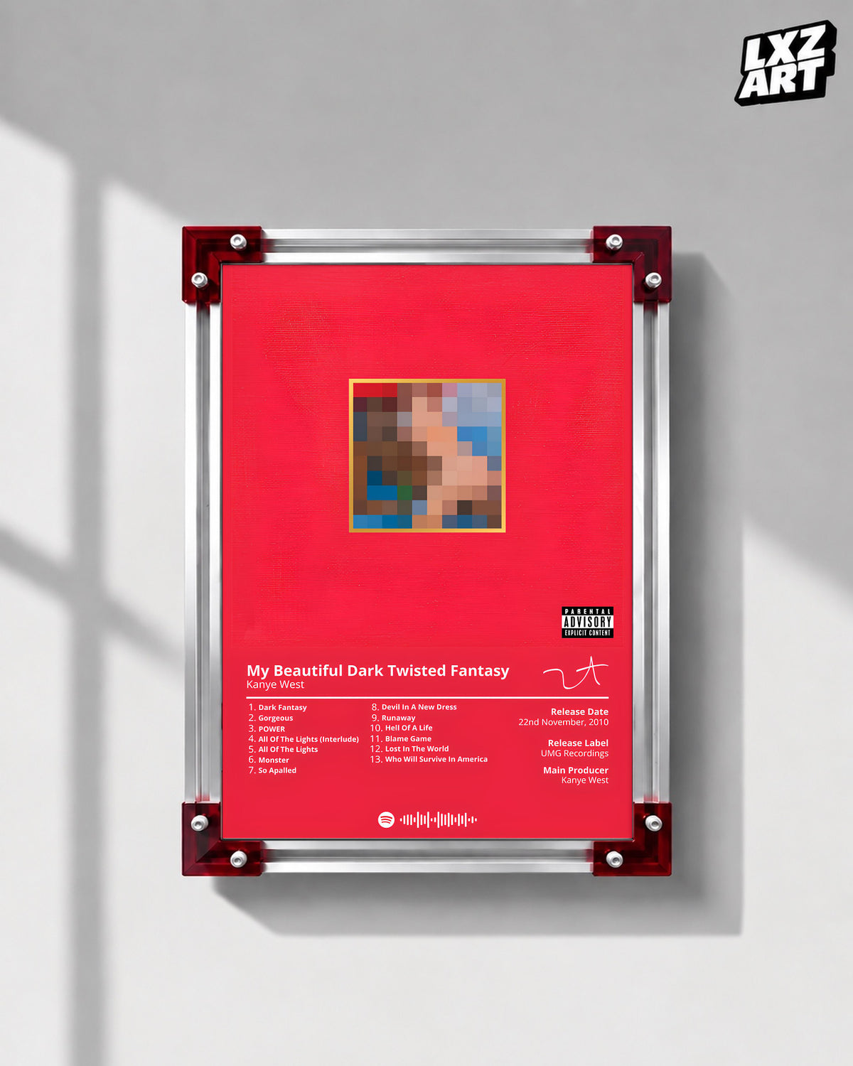 Kanye West My Beautiful Dark Twisted Fantasy Album Tracklist Poster | Unframed Hip Hop Wall Art — LXZART display 1; frame not included