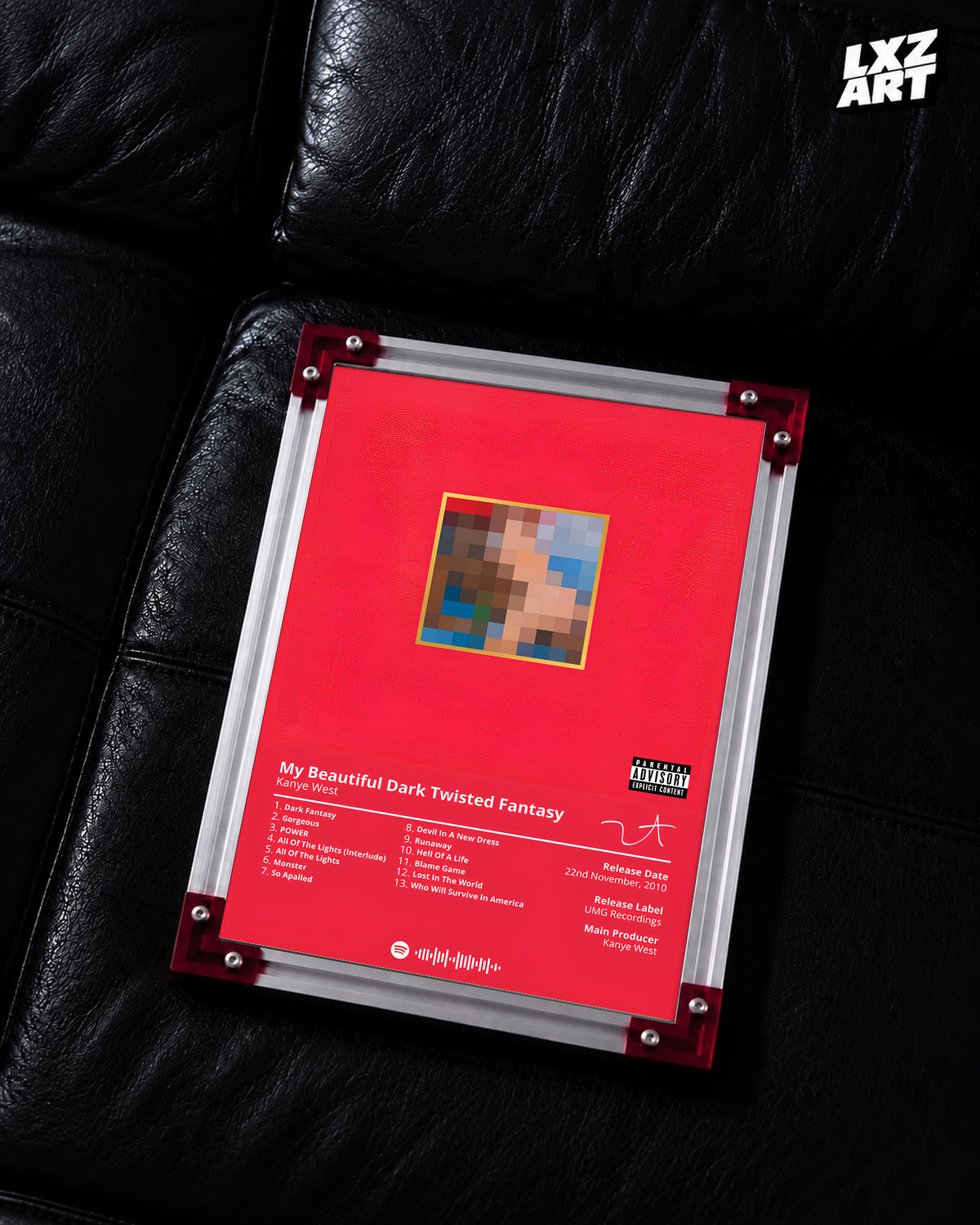 Kanye West My Beautiful Dark Twisted Fantasy Album Tracklist Poster | Unframed Hip Hop Wall Art — LXZART display 2; frame not included