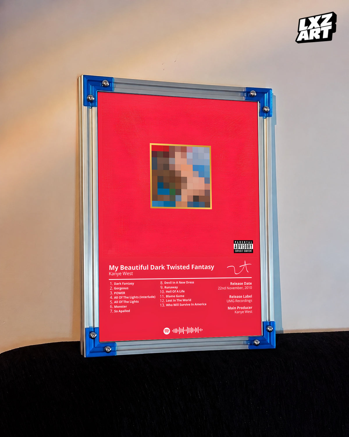 Kanye West My Beautiful Dark Twisted Fantasy Album Tracklist Poster | Unframed Hip Hop Wall Art — LXZART display 3; frame not included