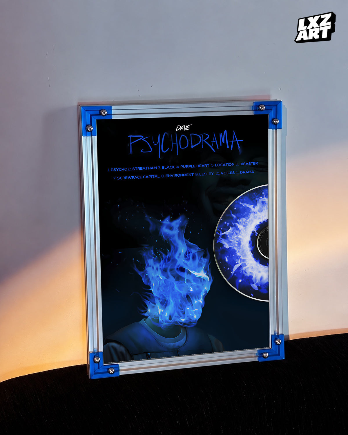 Dave Psychodrama Blue Flame CD Poster | Unframed UK Rap Wall Art — LXZART display 3; frame not included
