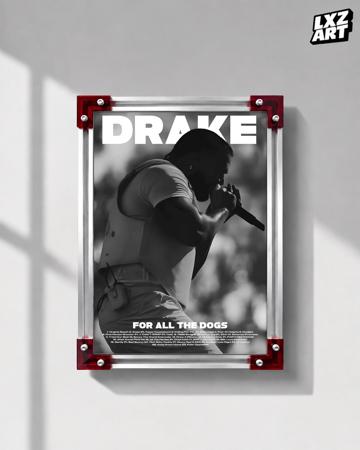 Drake For All The Dogs Tracklist Poster | Unframed Bedroom Wall Art — LXZART display 1; frame not included