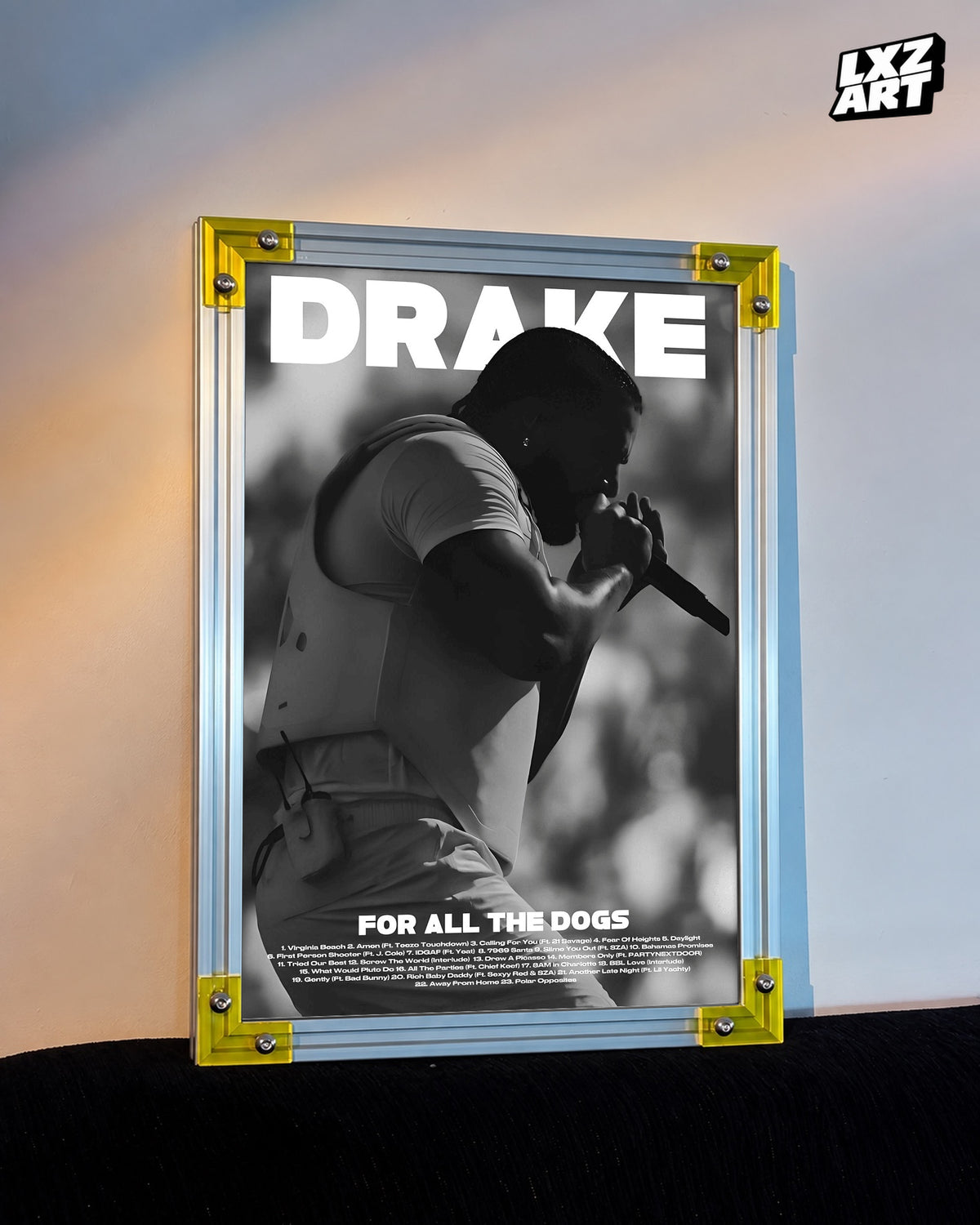 Drake For All The Dogs Tracklist Poster | Unframed Bedroom Wall Art — LXZART display 3; frame not included