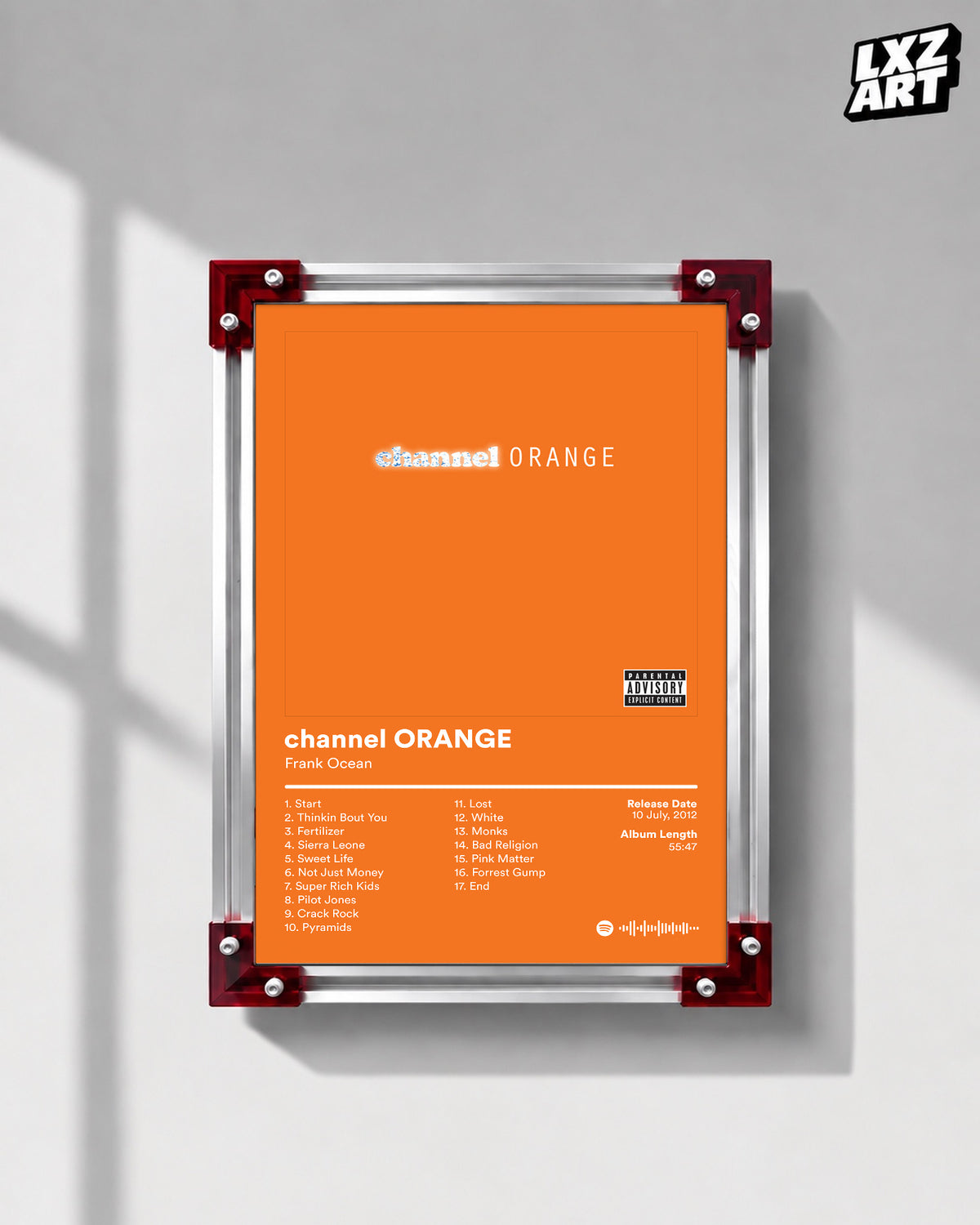 Frank Ocean Channel Orange Tracklist Poster | Unframed Bedroom Wall Art — LXZART display 1; frame not included