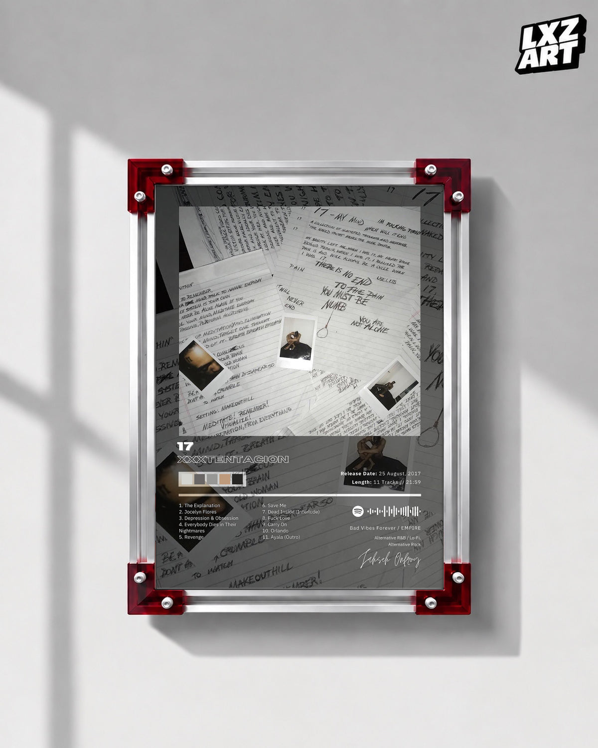 XXXTENTACION 17 Tracklist Poster | Unframed Bedroom Wall Art — LXZART display 1; frame not included
