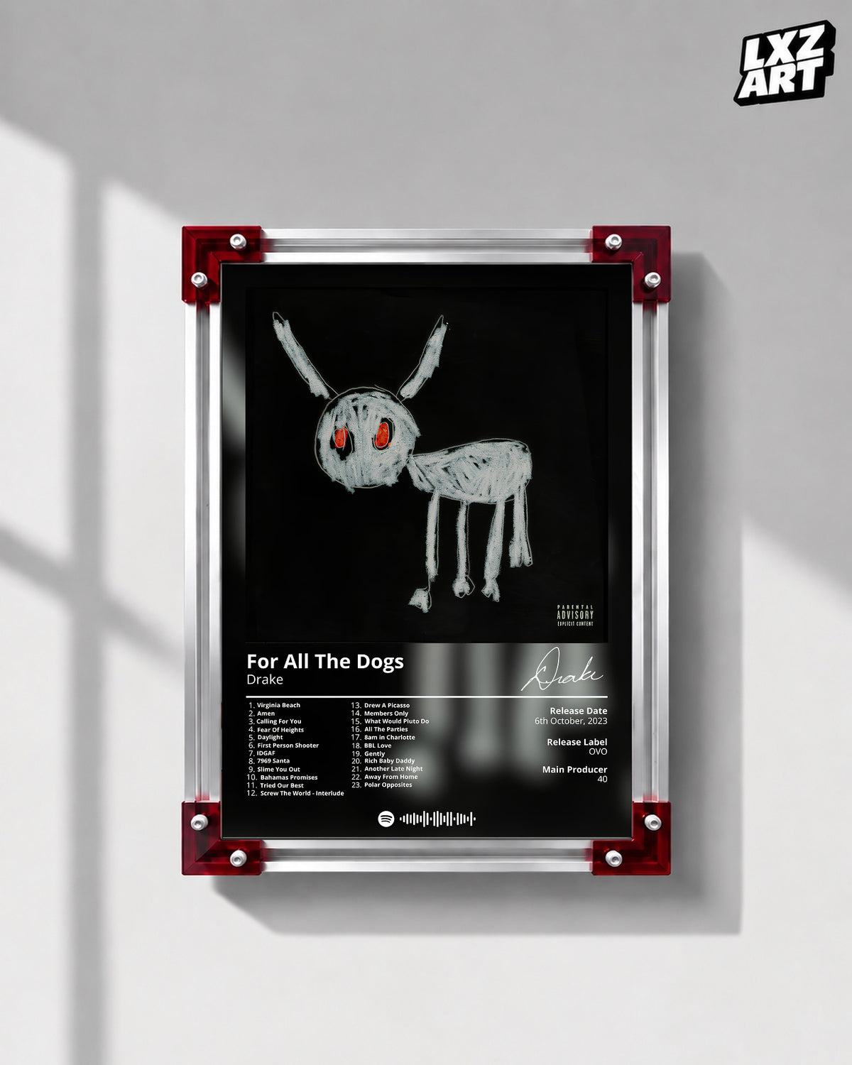 Drake For All The Dogs Tracklist Poster | Unframed Bedroom Wall Art — LXZART display 1; frame not included