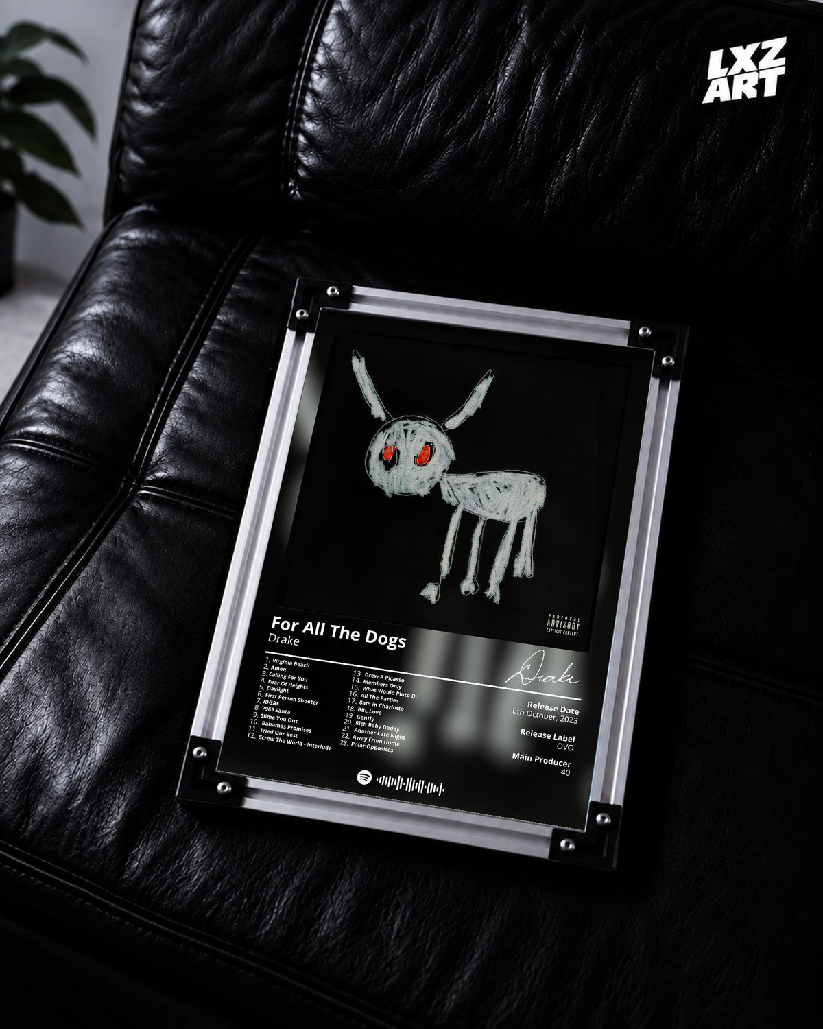 Drake For All The Dogs Tracklist Poster | Unframed Bedroom Wall Art — LXZART display 2; frame not included
