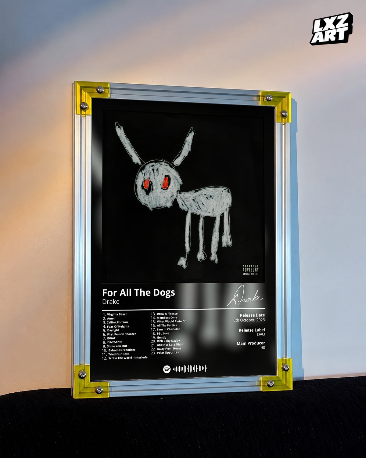 Drake For All The Dogs Tracklist Poster | Unframed Bedroom Wall Art — LXZART display 3; frame not included