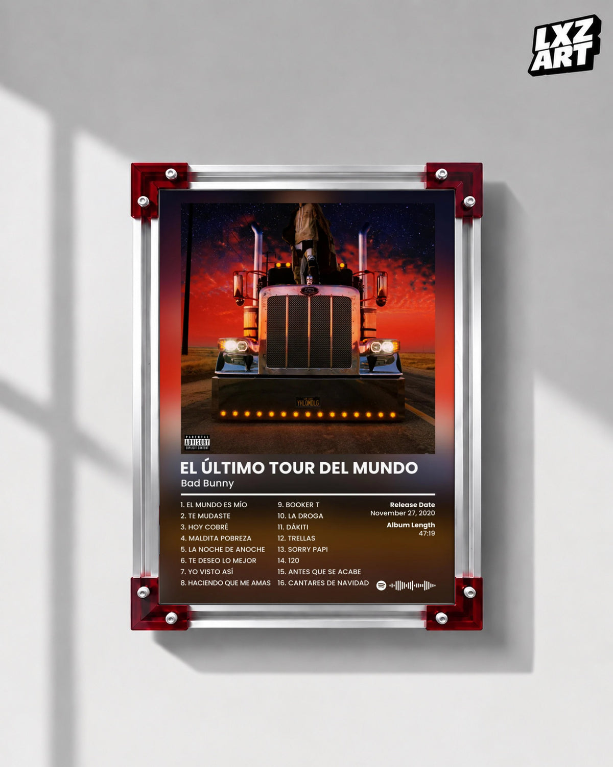 Bad Bunny El Último Tour Del Mundo Tracklist Poster | Unframed Bedroom Wall Art — LXZART display 1; frame not included