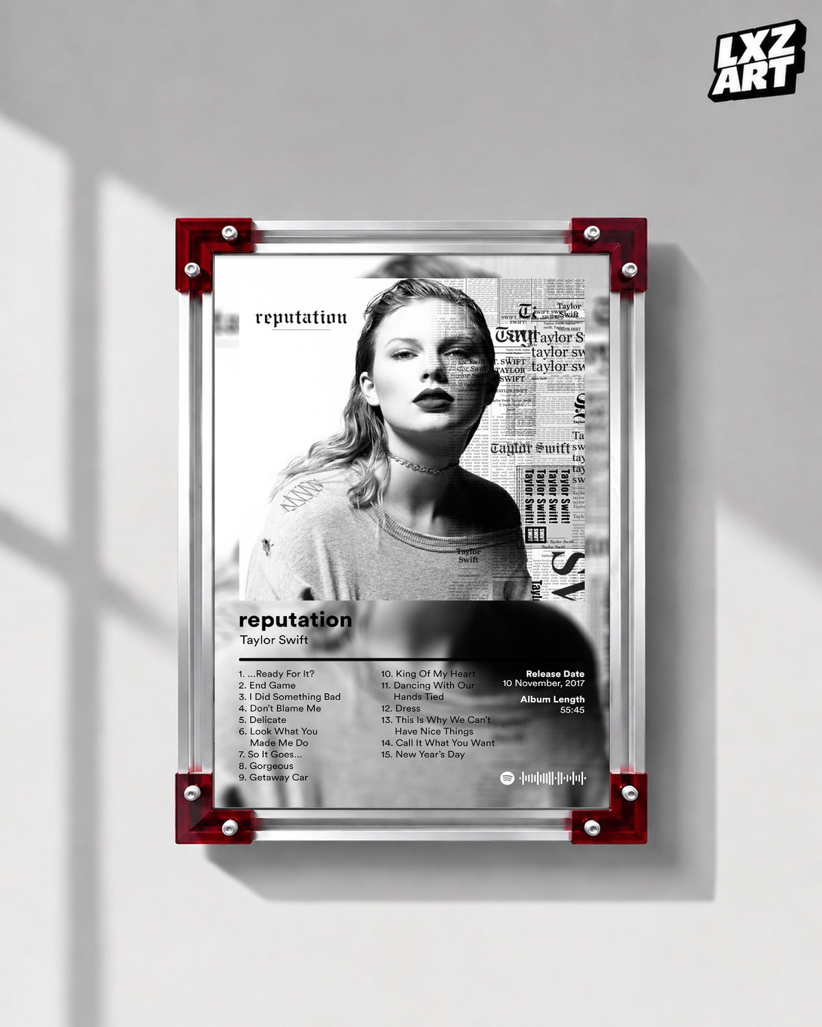 Taylor Swift Reputation Tracklist Poster | Unframed Bedroom Wall Art — LXZART display 1; frame not included