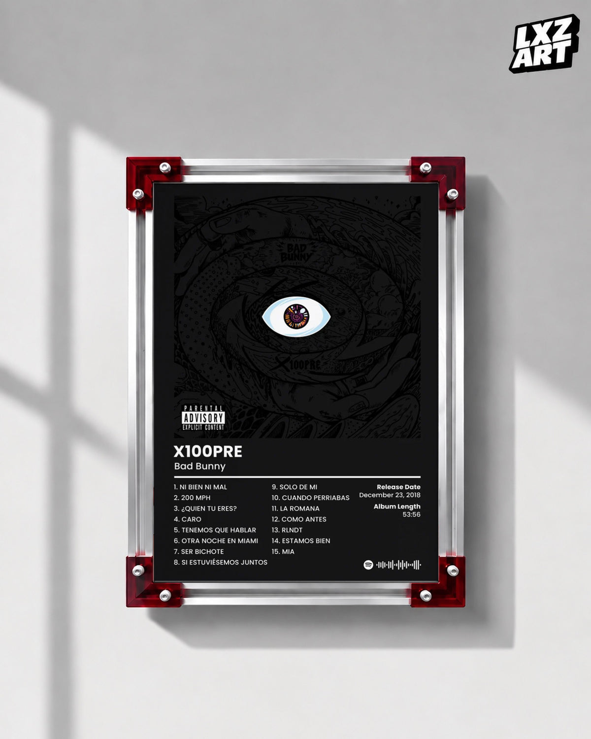 Bad Bunny X100PRE Tracklist Poster | Unframed Bedroom Wall Art — LXZART display 1; frame not included