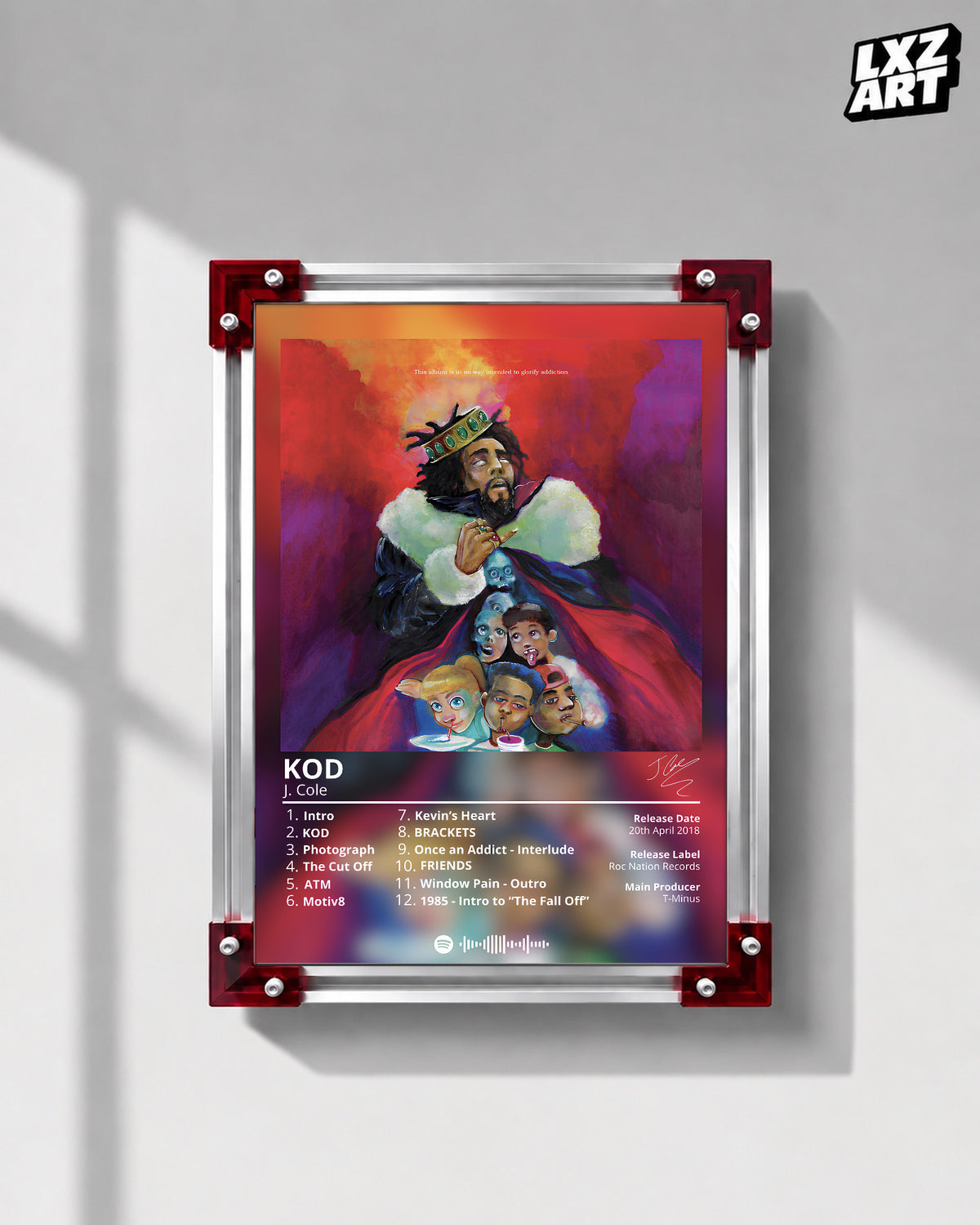 J. Cole 'KOD' Album Poster — LXZART display 1; frame not included