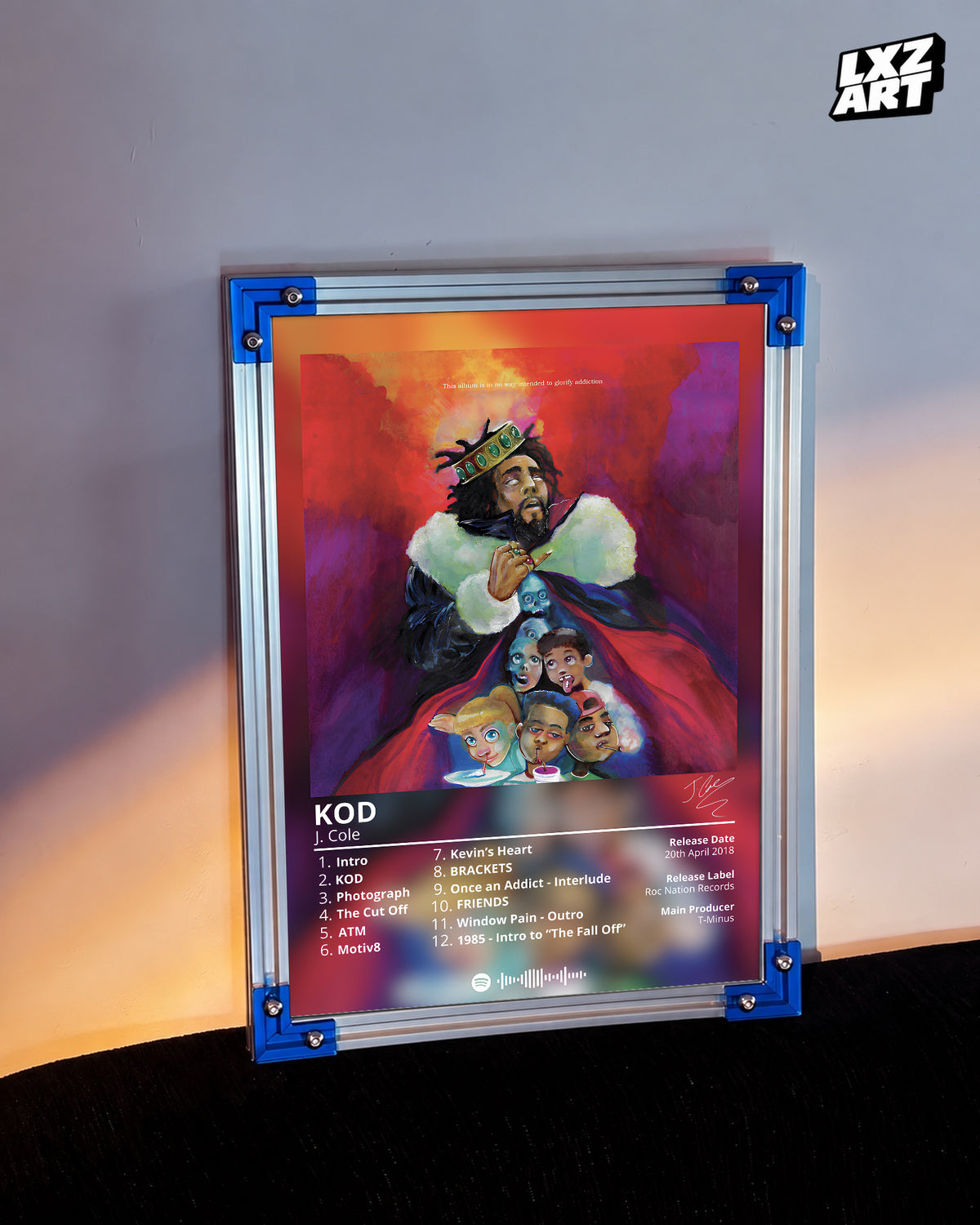 J. Cole 'KOD' Album Poster — LXZART display 3; frame not included