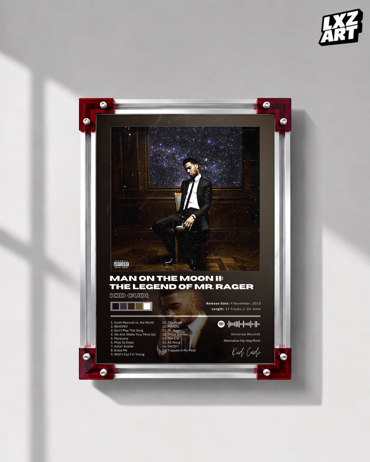 Kid Cudi 'Man On The Moon II: The Legend of Mr. Rager' Album Poster — LXZART display 1; frame not included