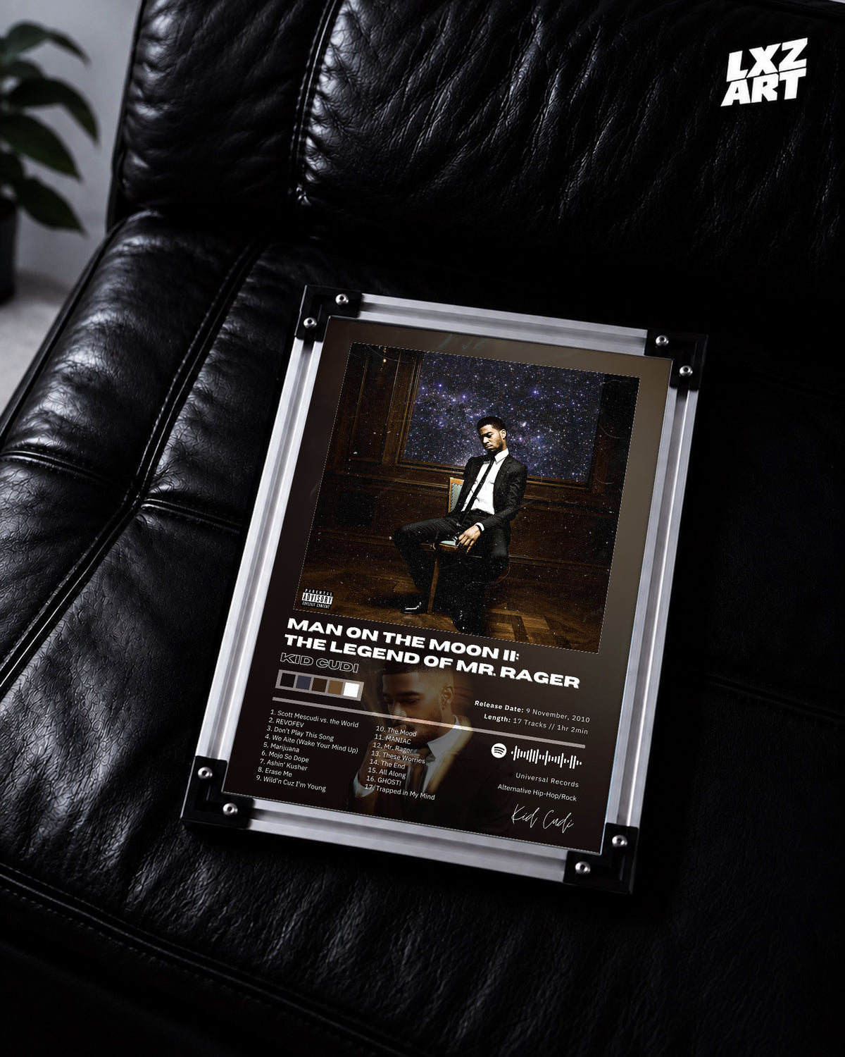 Kid Cudi 'Man On The Moon II: The Legend of Mr. Rager' Album Poster — LXZART display 2; frame not included