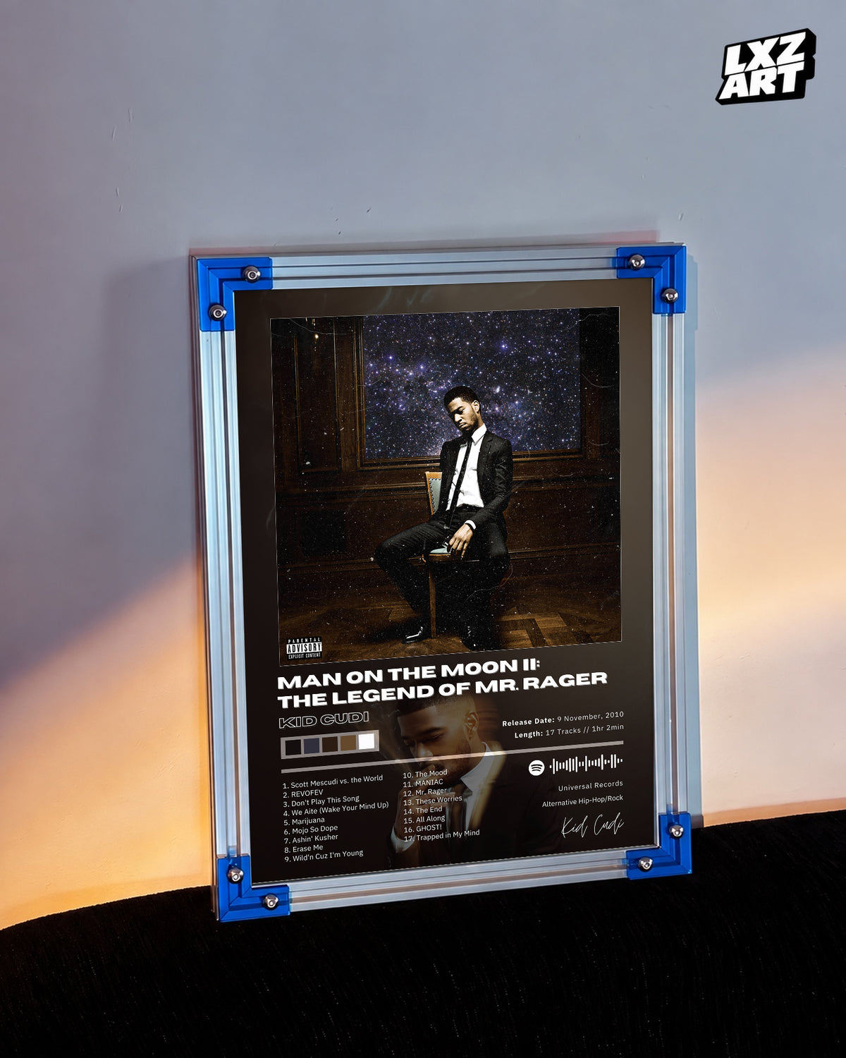 Kid Cudi 'Man On The Moon II: The Legend of Mr. Rager' Album Poster — LXZART display 3; frame not included
