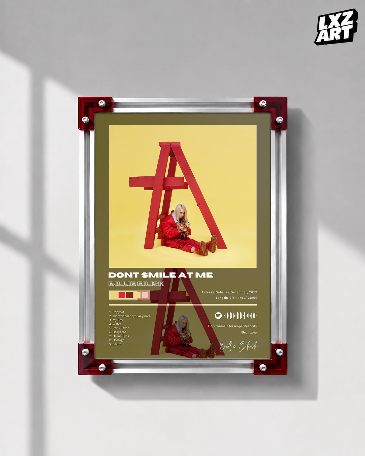 Billie Eilish Don’t Smile at Me Tracklist Poster | Unframed Bedroom Wall Art — LXZART display 1; frame not included