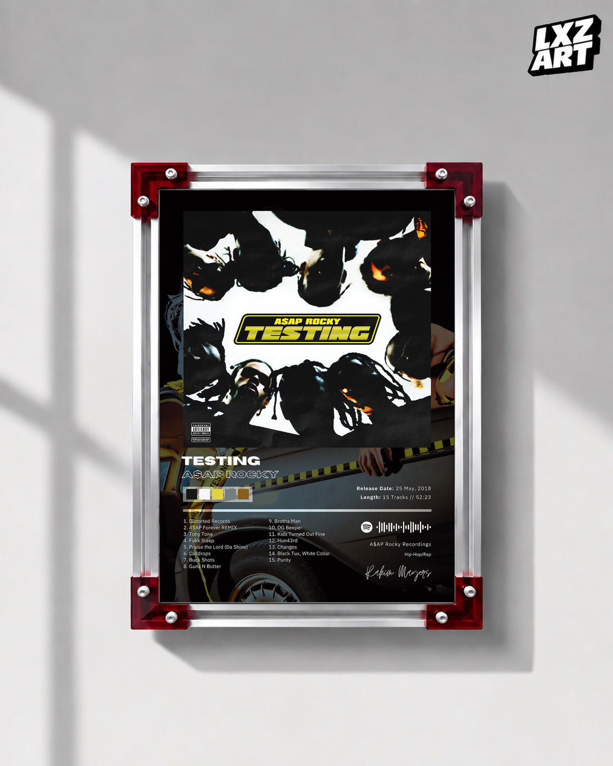 A Rocky TESTING Tracklist Poster | Album Version | Unframed Hip Hop Wall Art — LXZART display 1; frame not included