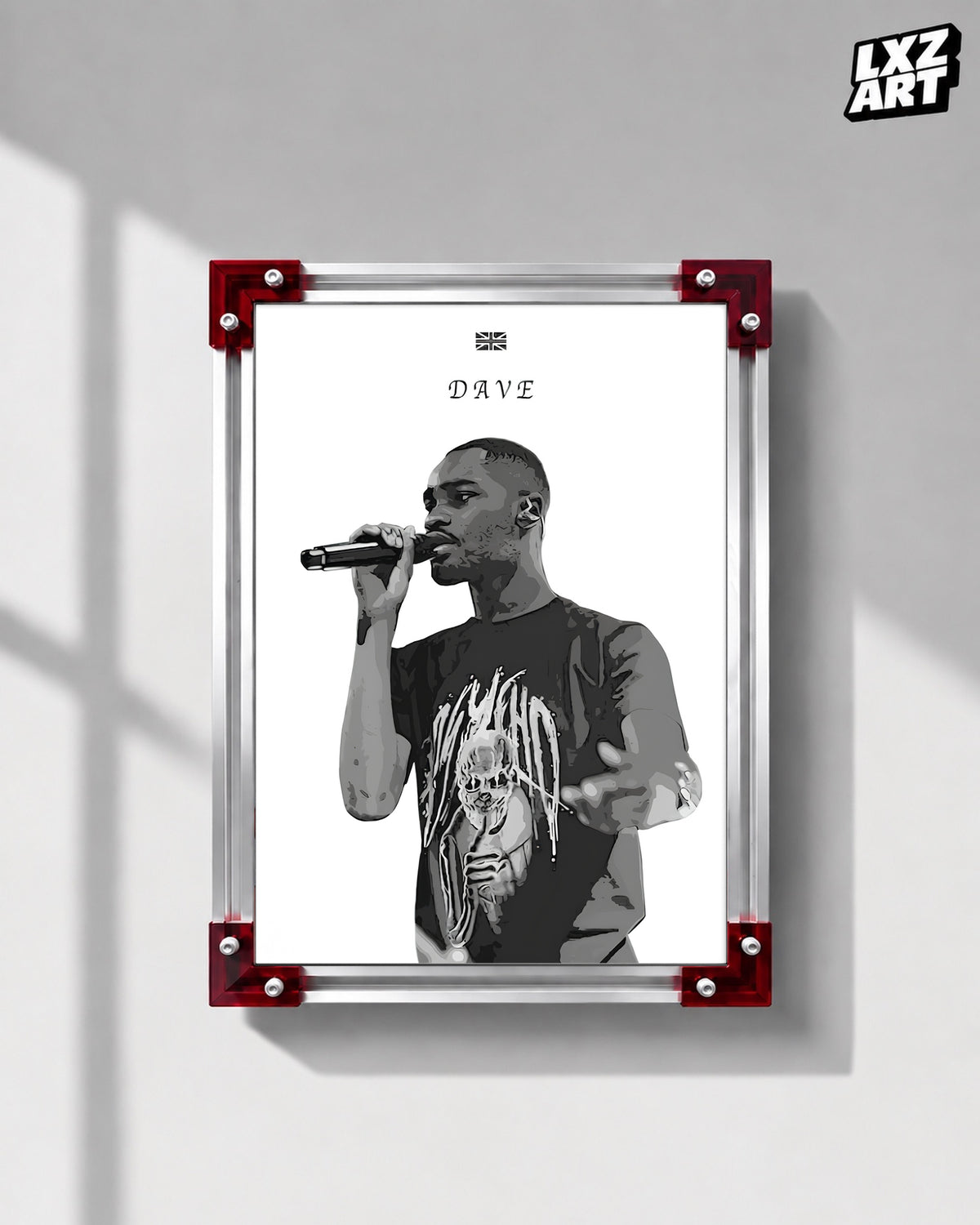 Dave Black and White Mic Portrait Poster | Unframed UK Rap Wall Art — LXZART display 1; frame not included