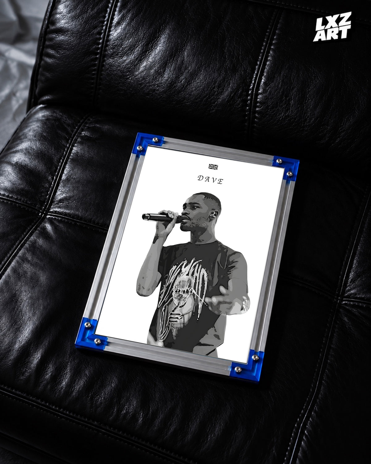 Dave Black and White Mic Portrait Poster | Unframed UK Rap Wall Art — LXZART display 2; frame not included