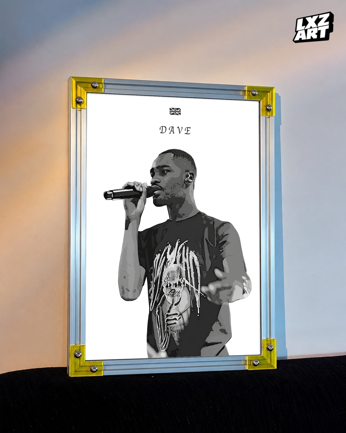Dave Black and White Mic Portrait Poster | Unframed UK Rap Wall Art — LXZART display 3; frame not included