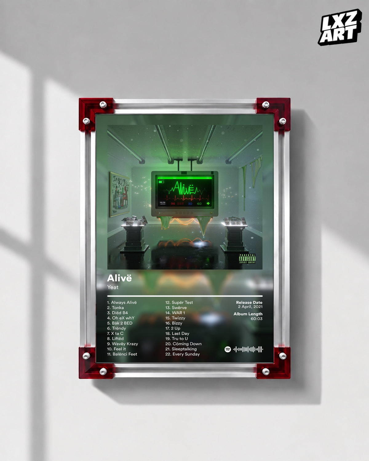 Yeat Alivë Tracklist Poster | Unframed Bedroom Wall Art — LXZART display 1; frame not included
