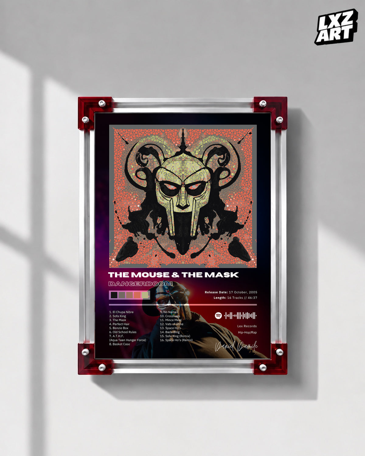 Danger Doom The Mouse and the Mask Tracklist Poster | Unframed Bedroom Wall Art — LXZART display 1; frame not included