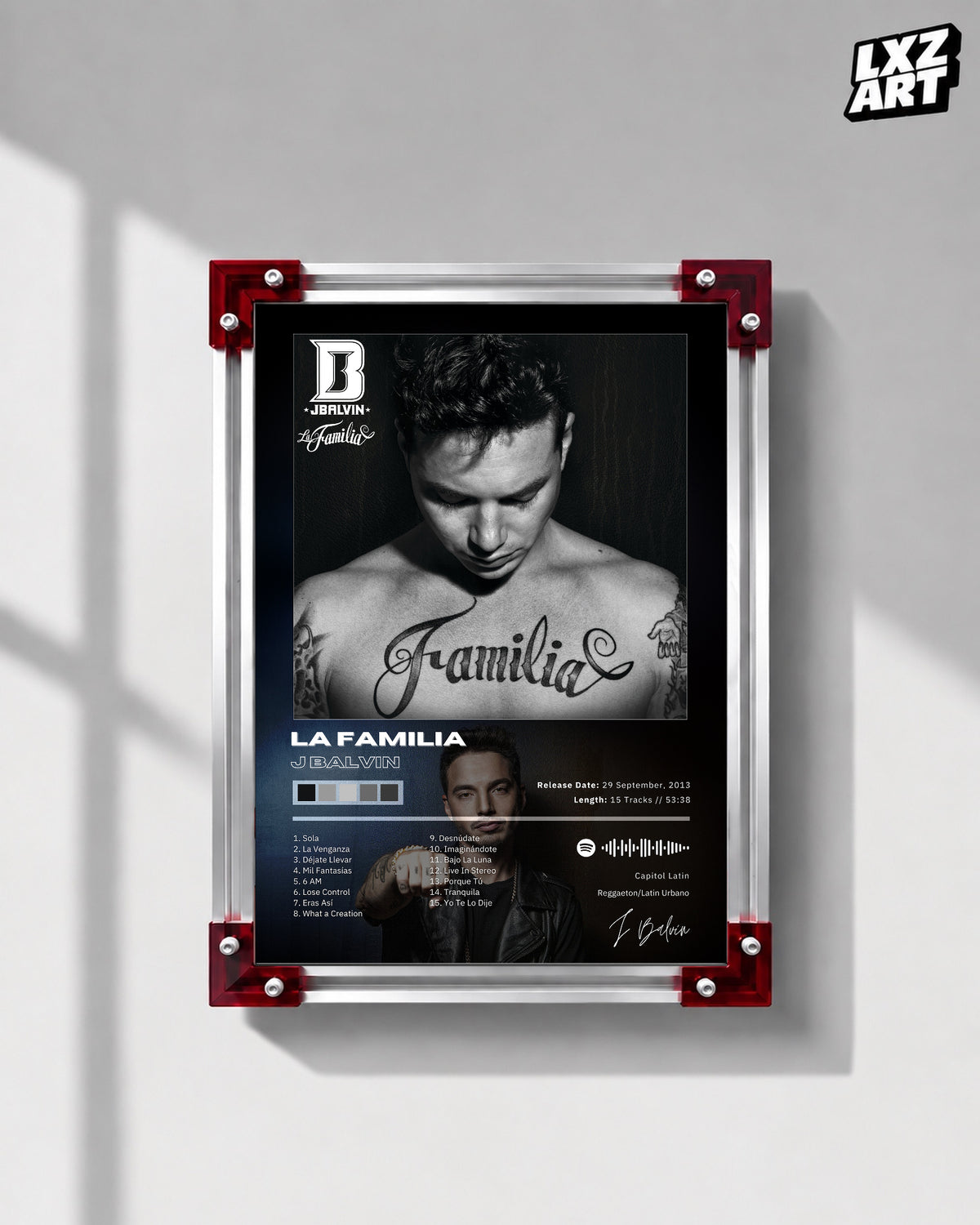J Balvin La Familia Tracklist Poster | Unframed Bedroom Wall Art — LXZART display 1; frame not included
