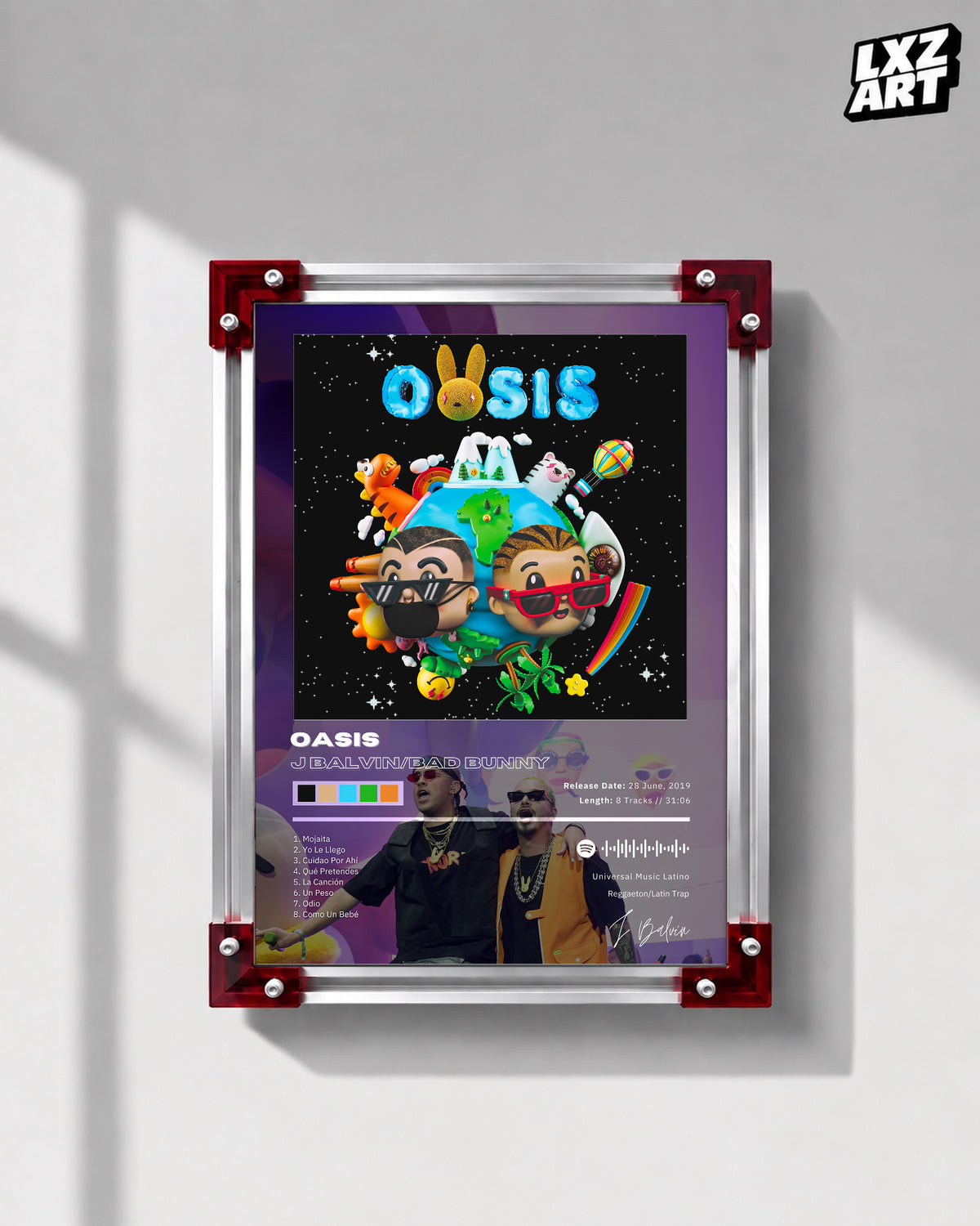J Balvin & Bad Bunny Oasis Tracklist Poster | Unframed Bedroom Wall Art — LXZART display 1; frame not included