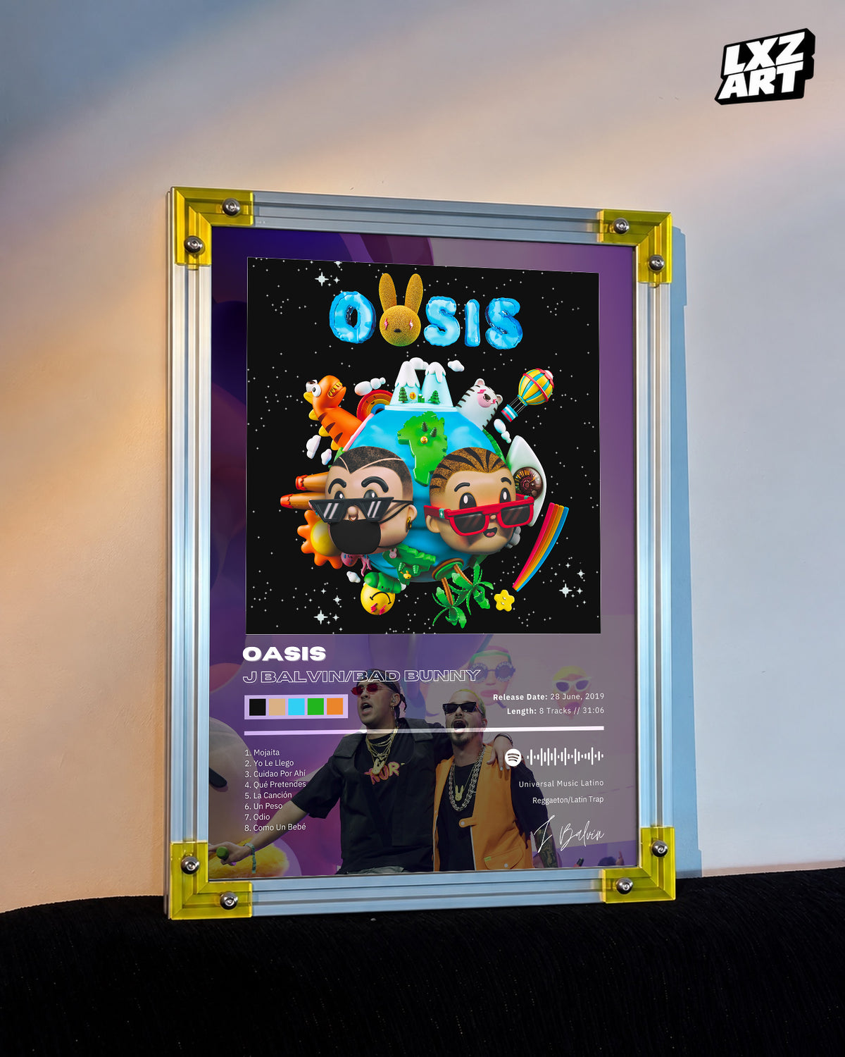 J Balvin & Bad Bunny Oasis Tracklist Poster | Unframed Bedroom Wall Art — LXZART display 3; frame not included
