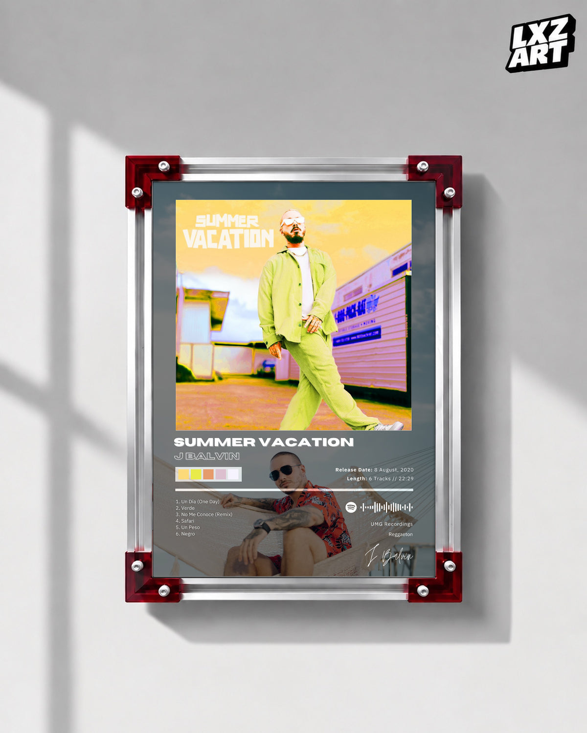 J Balvin Summer Vacation EP Tracklist Poster | Unframed Bedroom Wall Art — LXZART display 1; frame not included