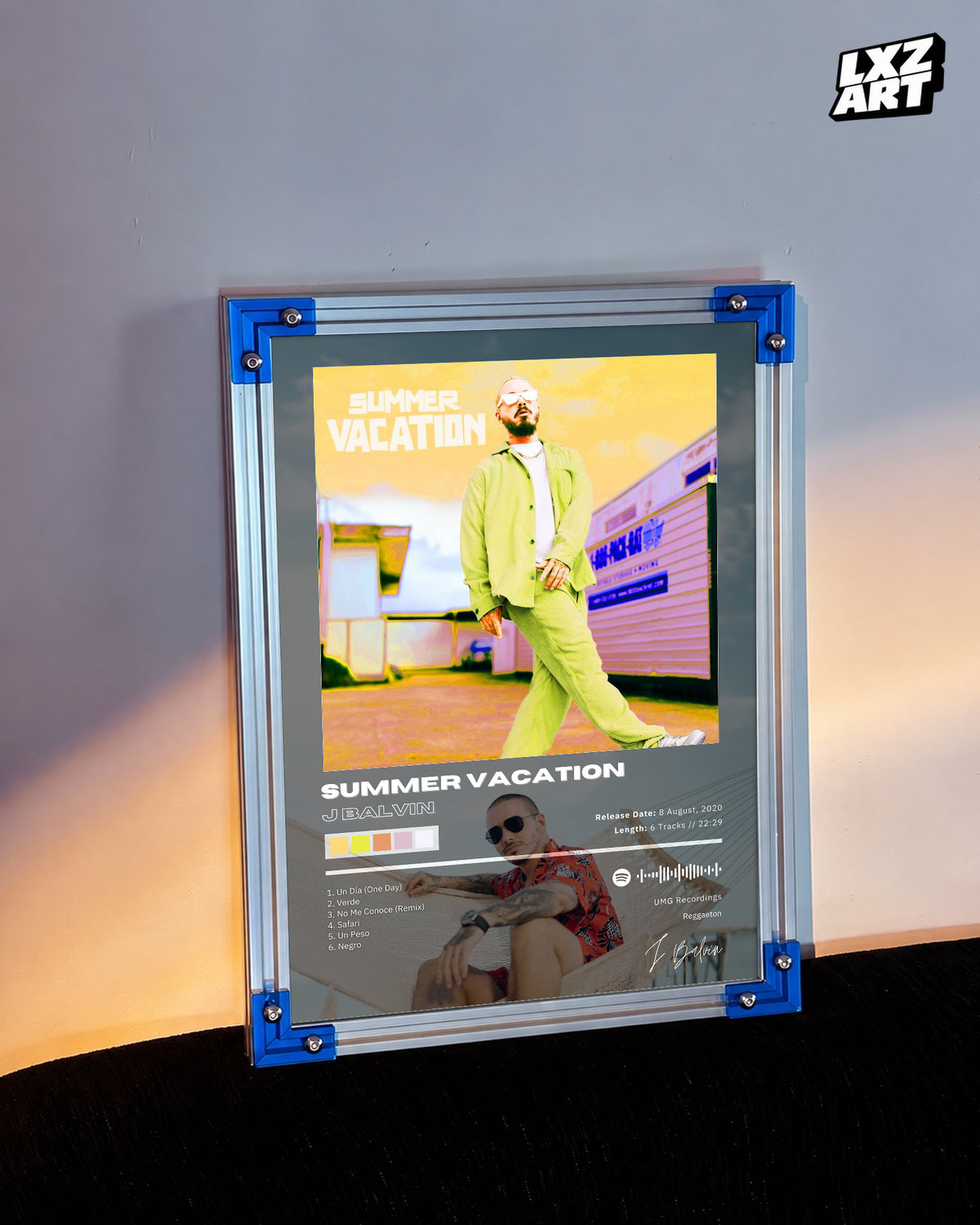 J Balvin Summer Vacation EP Tracklist Poster | Unframed Bedroom Wall Art — LXZART display 3; frame not included